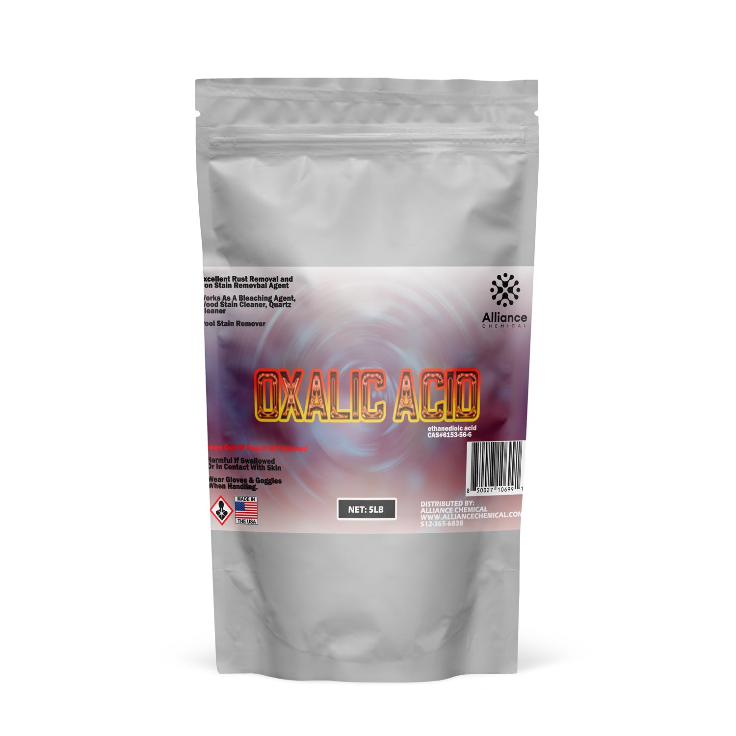 5lb Oxalic Acid dihydrate in resealable silver pouch, hazard warning symbol, rust/stain removal agent, Alliance Chemical, Made in USA.